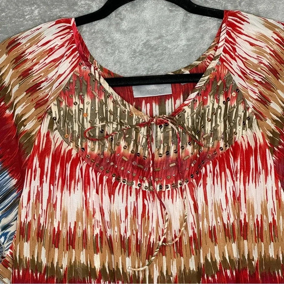 Avenue 18 20 1X Shirt Top Blue Red Striped Short Sleeve Keyhole Scoop Neck Sheer - Picture 3 of 7